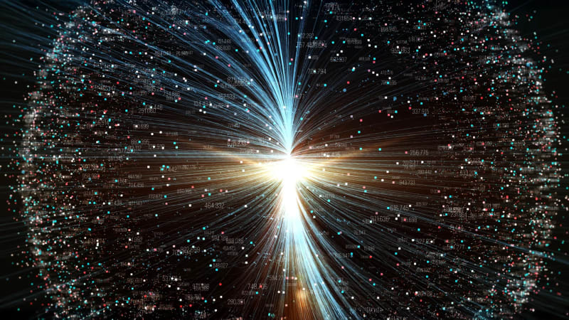 Abstract visualization of colorful quantum light beams carrying information through space, representing structured photon technology advancement