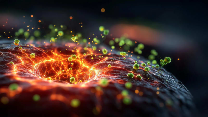 Microscopic illustration of engineered bacteria invading the core of a cancer tumor