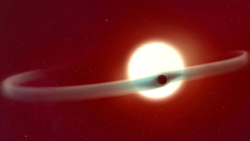 Artistic rendering of exoplanet WASP-121b with two massive helium gas tails streaming around it in orbit