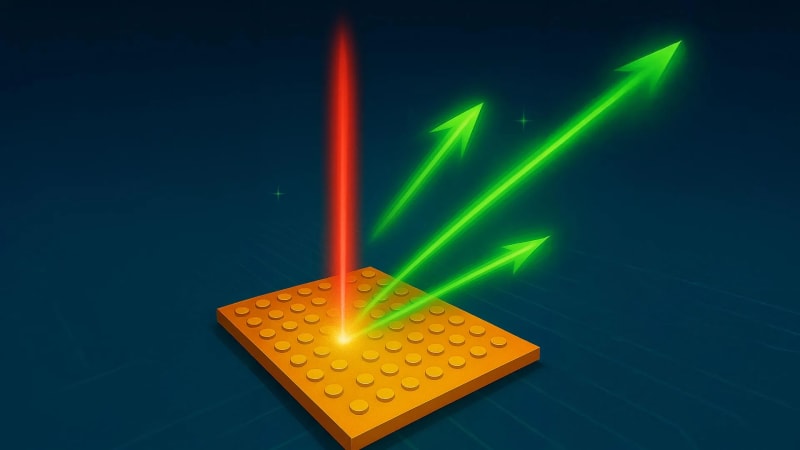 Microscopic metasurface chip converting infrared laser light into directed visible green beam