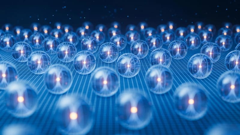 Illustrated optical cavities with microlenses focusing light onto individual atoms for quantum computing