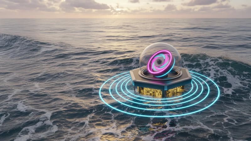 Floating platform with internal spinning gyroscope converting ocean wave motion into clean electricity