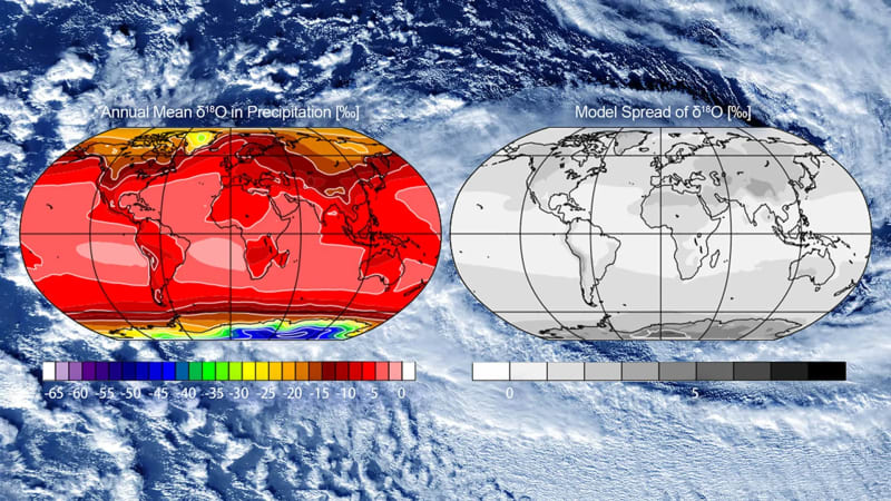 Scientific visualization showing global water circulation patterns and atmospheric moisture movement across Earth's surface