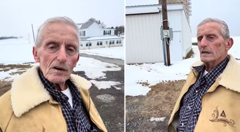 Elderly farmer Mervin Raudabaugh standing on his Pennsylvania farmland he refused to sell
