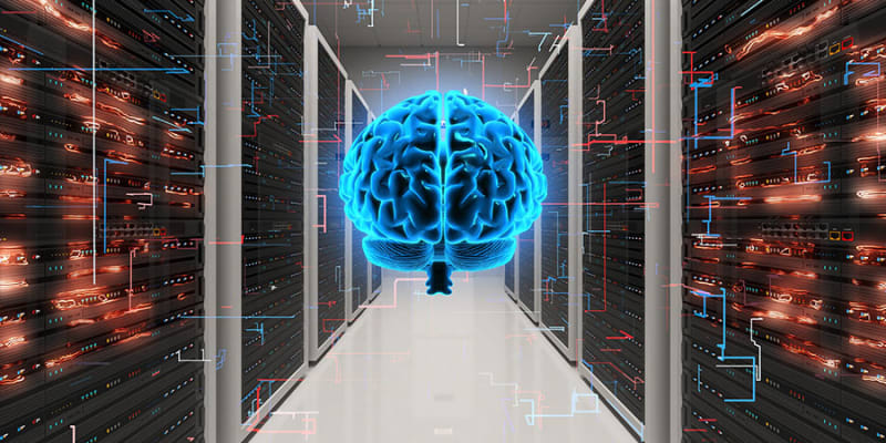 Close-up of advanced semiconductor chip glowing with efficient power conversion technology