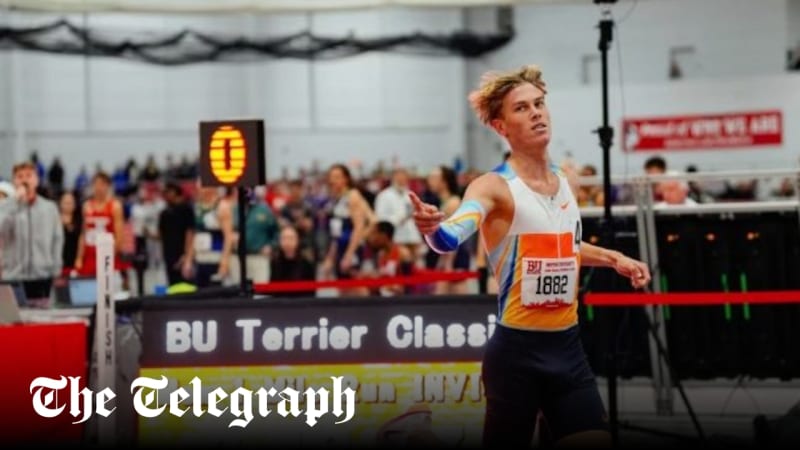 Teen runner Sam Ruthe crossing finish line at indoor track meet in Boston