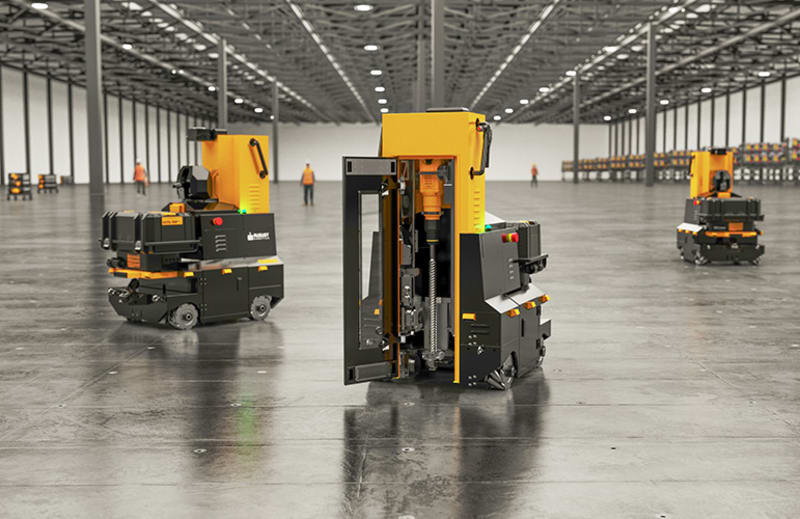 Autonomous mobile robot with mounted industrial drill working on concrete data center floor
