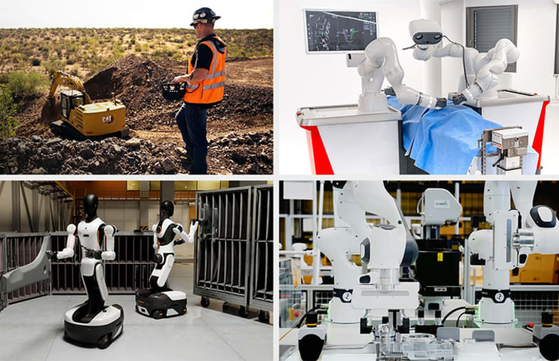 Various advanced robots including industrial humanoids and surgical robots powered by NVIDIA physical AI technology in action