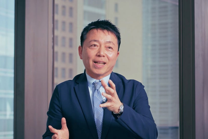 ** Small solar panel arrays installed across green farmland with mountains in distant background Japan