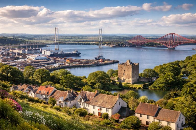 Ferry sailing across calm waters between Scotland and France at sunrise