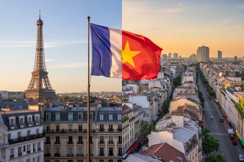 ** Modern skyline of Vietnamese city showing economic development and urban growth over decades