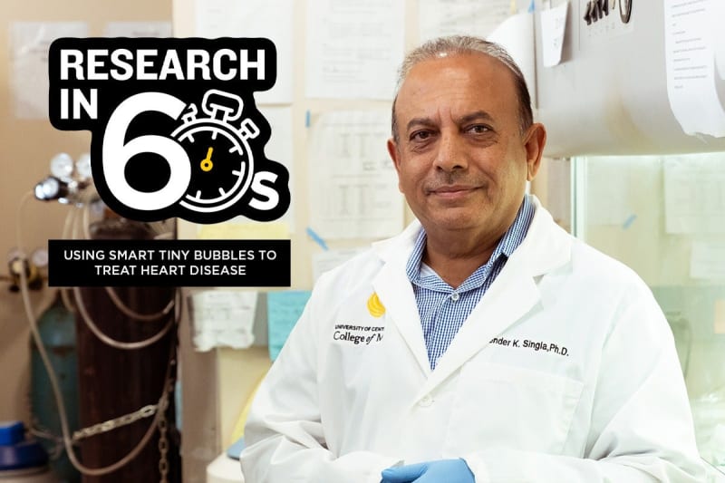 Microscopic bubbles carrying medication to heart tissue under scientific magnification at UCF research laboratory