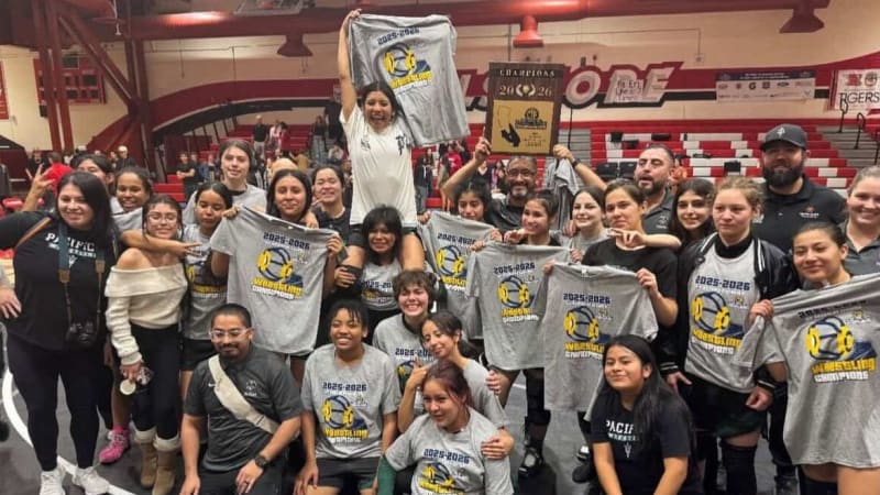 Pacifica High School girls wrestling team celebrates their first CIF-Southern Section championship victory