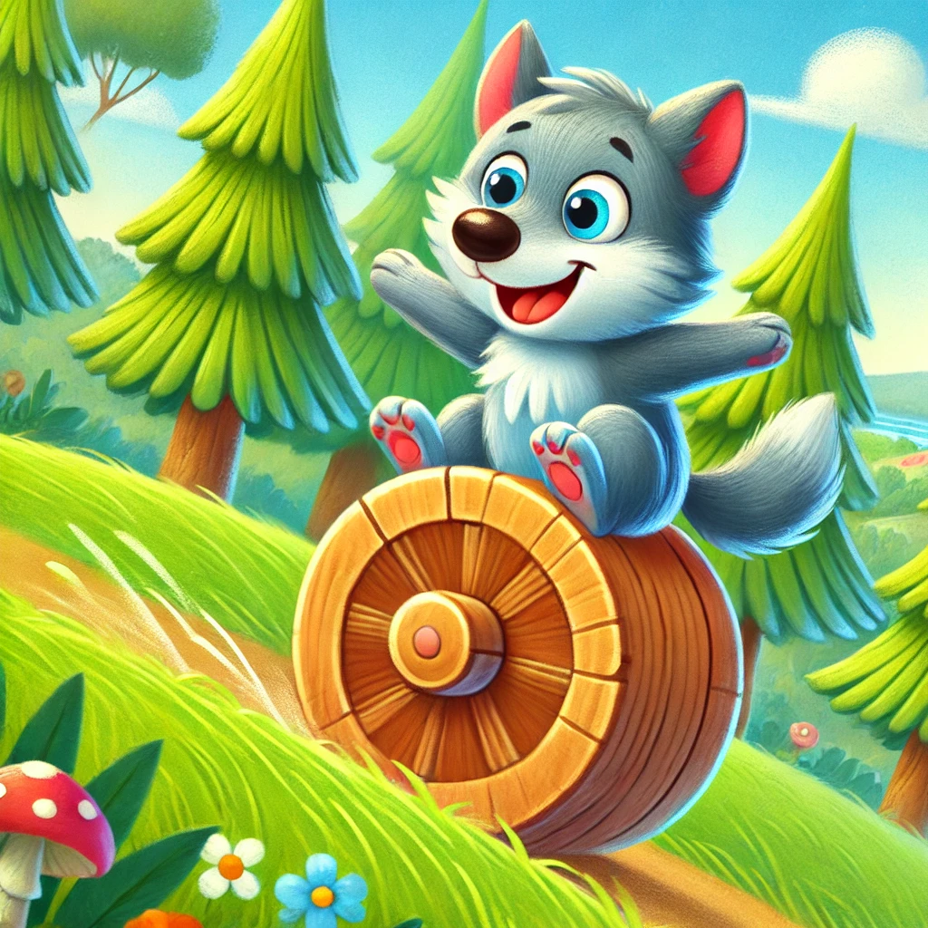 The wolf rolls on the wheel.