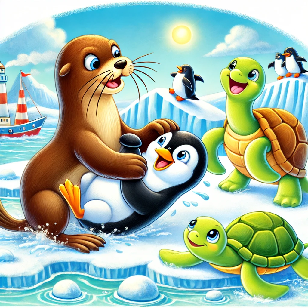 The sea lion fights, the turtle laughs.