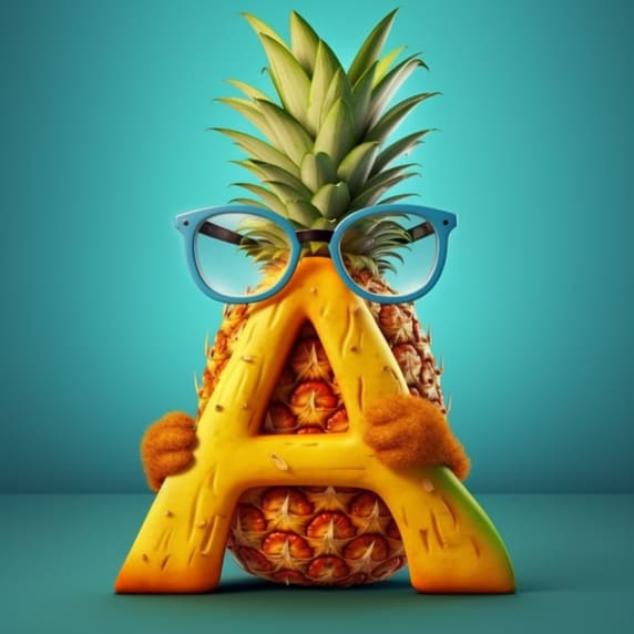 A pineapple sits.