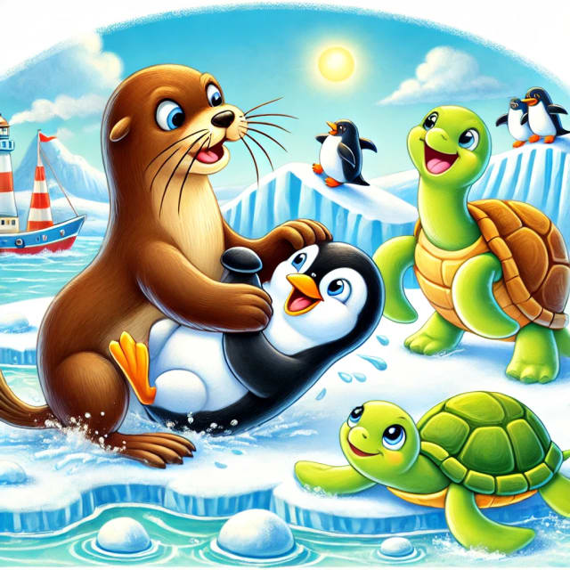 The sea lion fights, the turtle laughs.