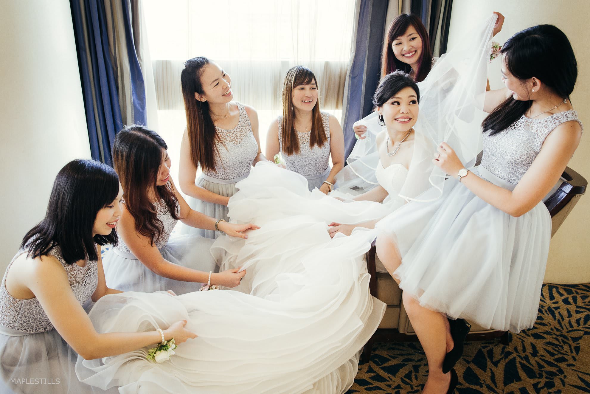 Actual day preparation together with amazing bridesmaids and pretty bride of the day