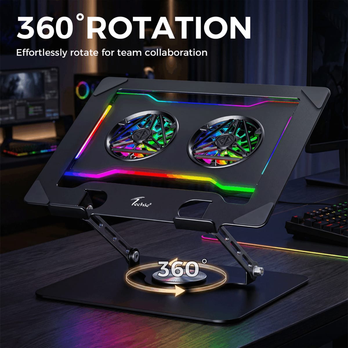 Techie AeroLift RGB Dual-Fan Laptop Cooling Stand with 360° Rotation