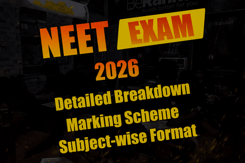 A student preparing for NEET 2026 with textbooks, diagrams of biology and chemistry, and a mock exam sheet showing the NEET exam format. 