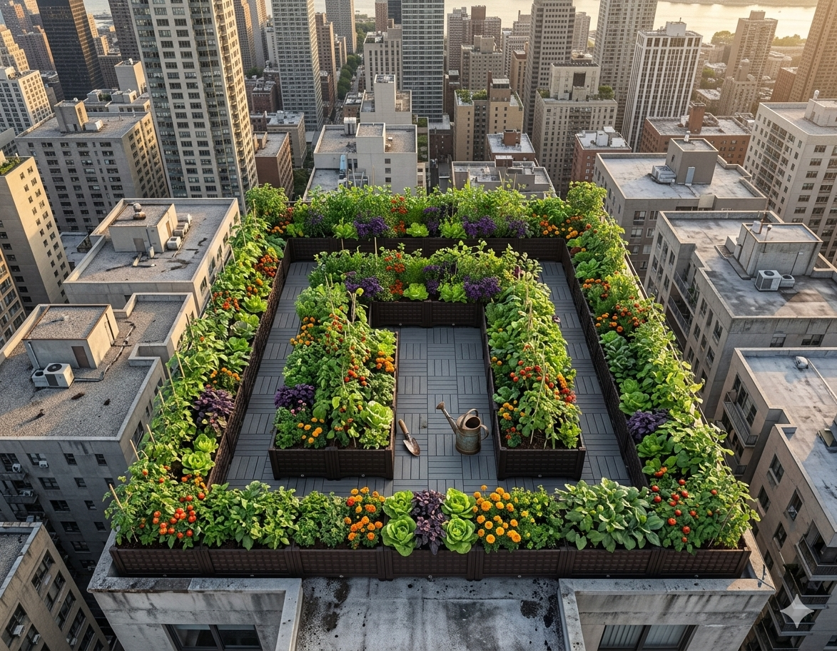 Aerial view of a rooftop transformed with Mudmod beds