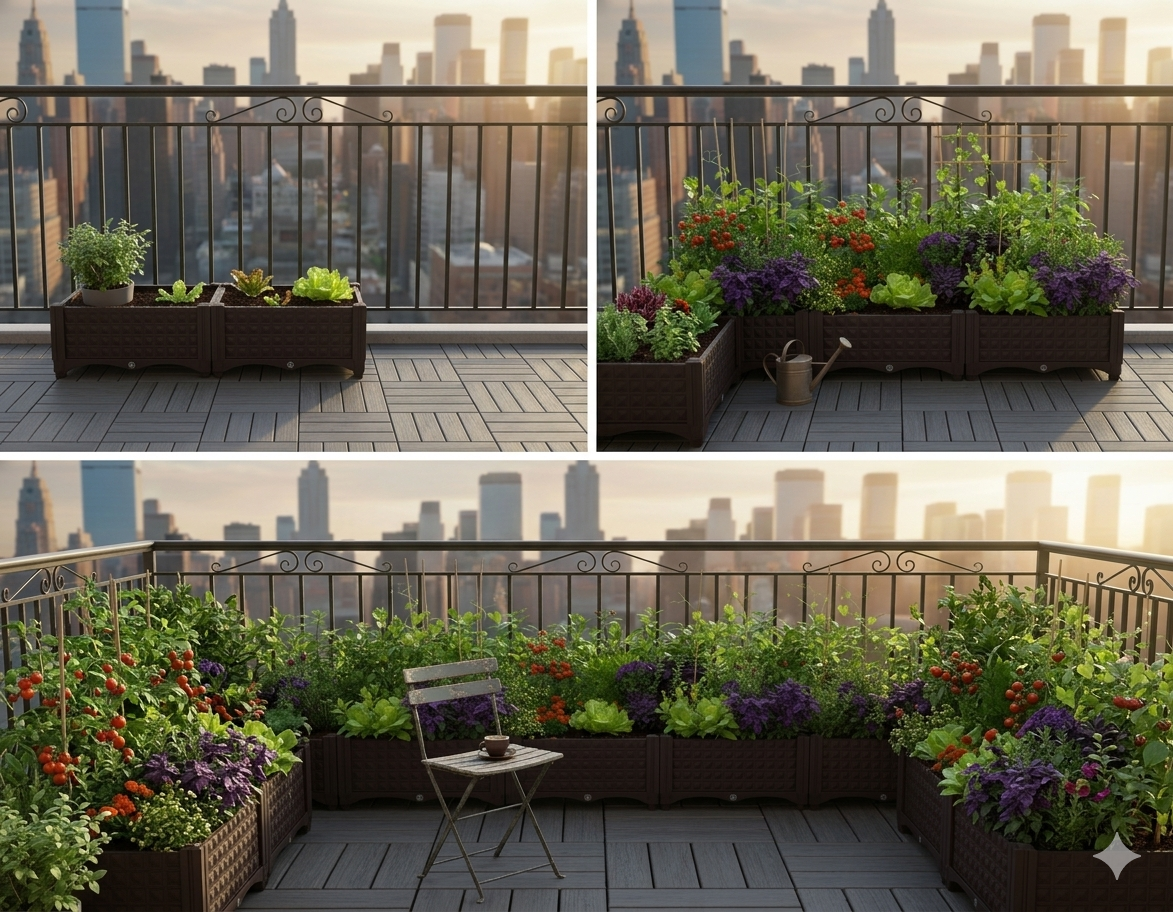 Three stages showing an urban garden growing over time