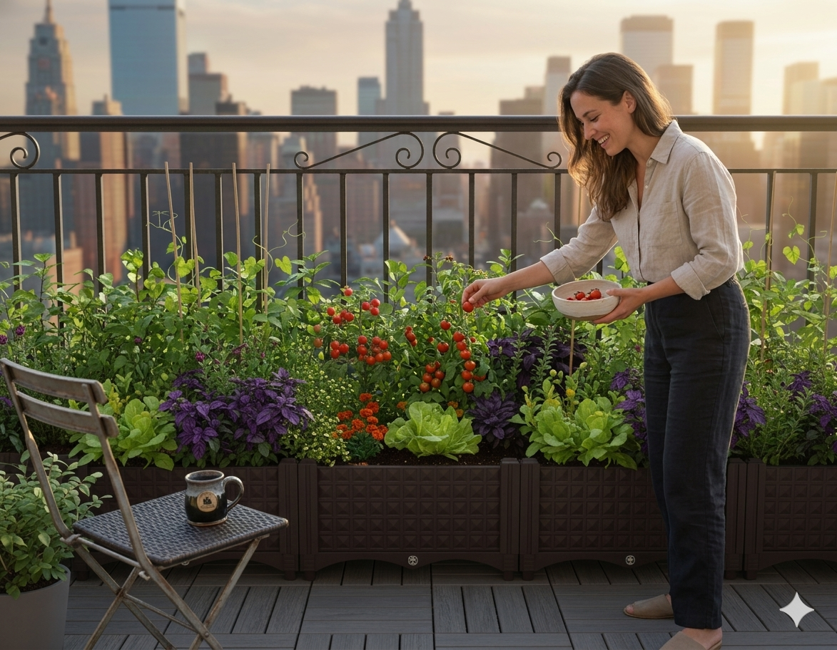 Woman enjoying her Mudmod garden on a city balcony