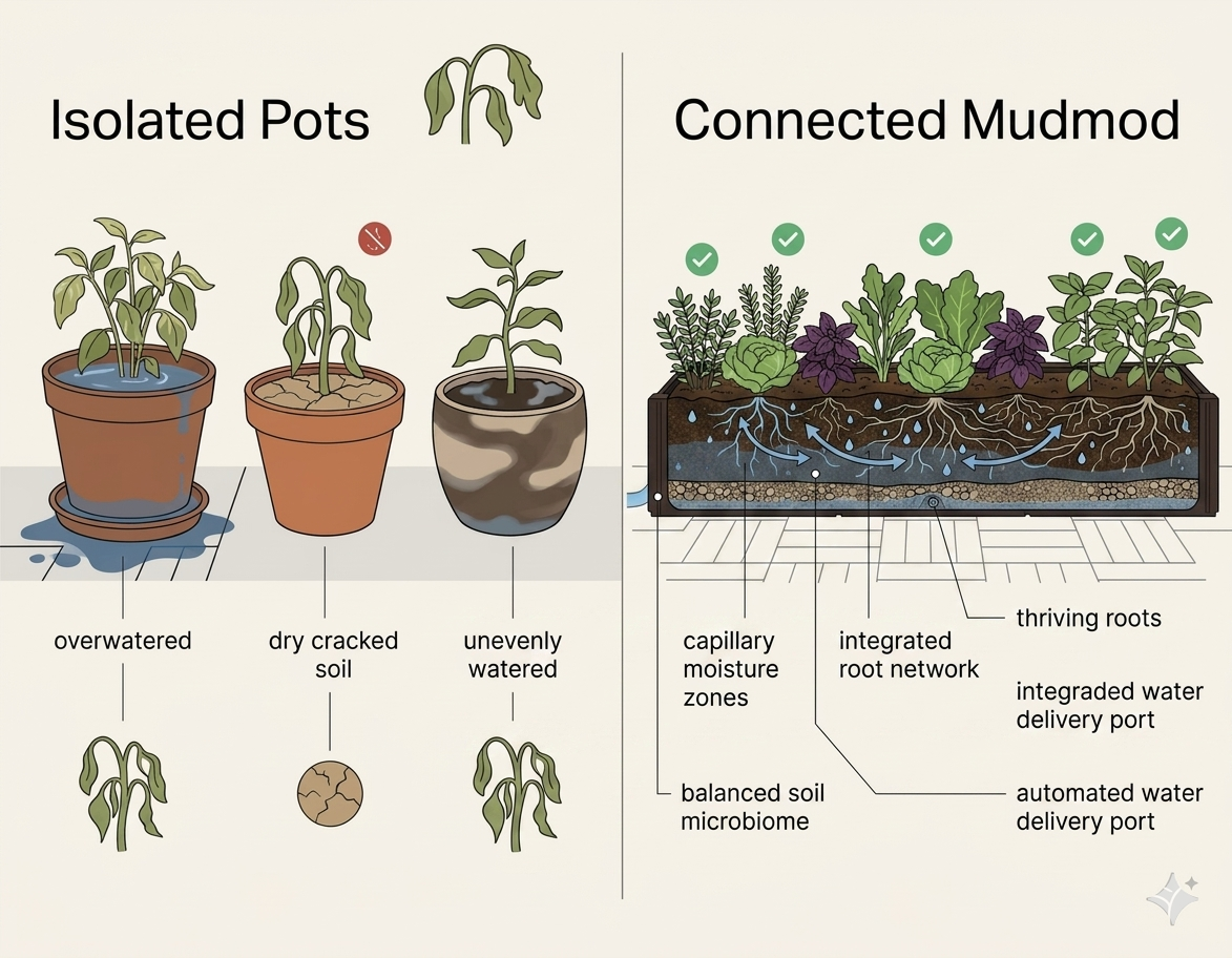 Cross-section showing root growth in pots vs Mudmod