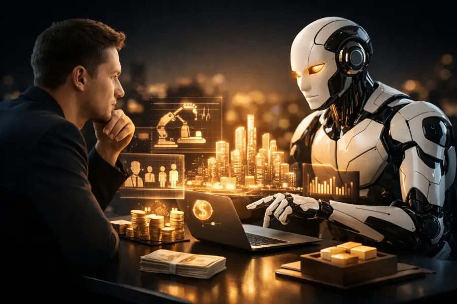 Человек и ИИ-агент работают вместе за столом: гибридный интеллект в бизнесе