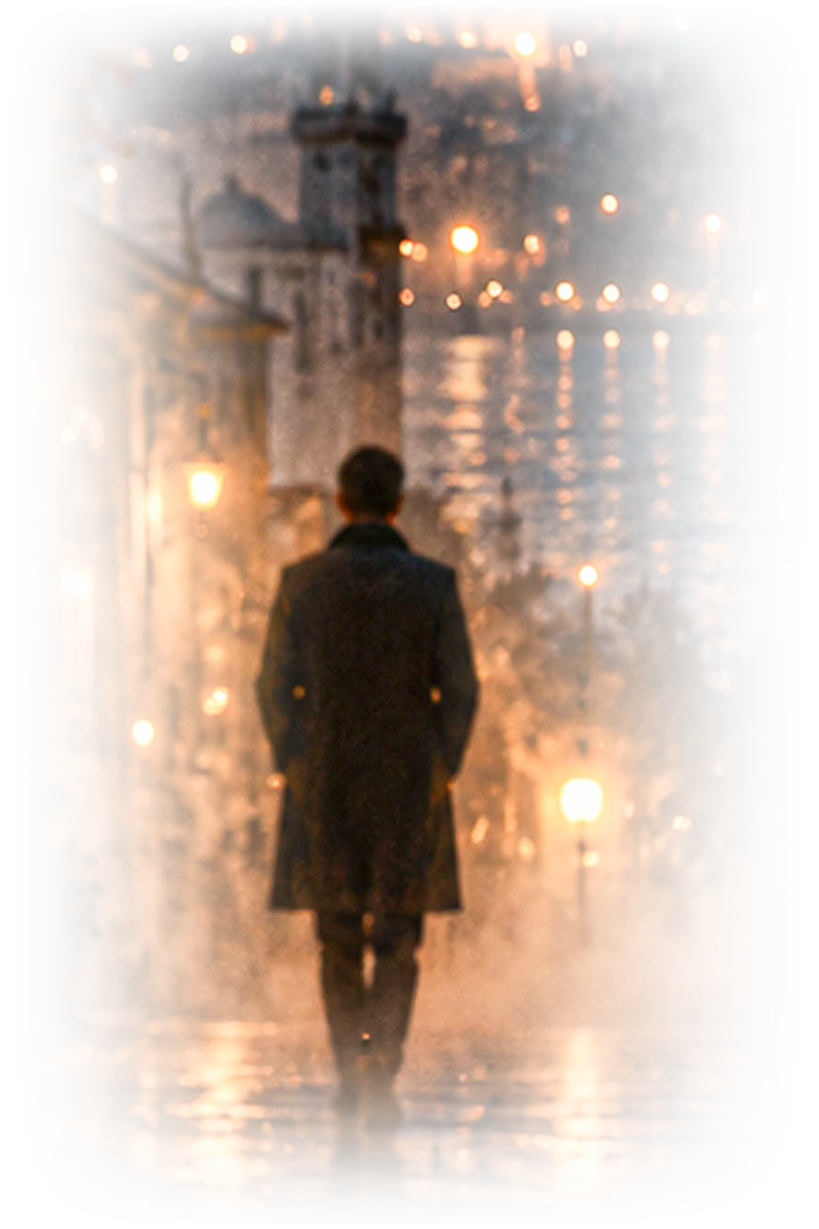 A man walking alone through a rain soaked street at night