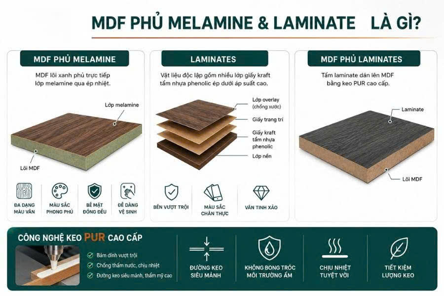 So sánh gỗ MDF phủ Melamine và Laminate chi tiết nhất?