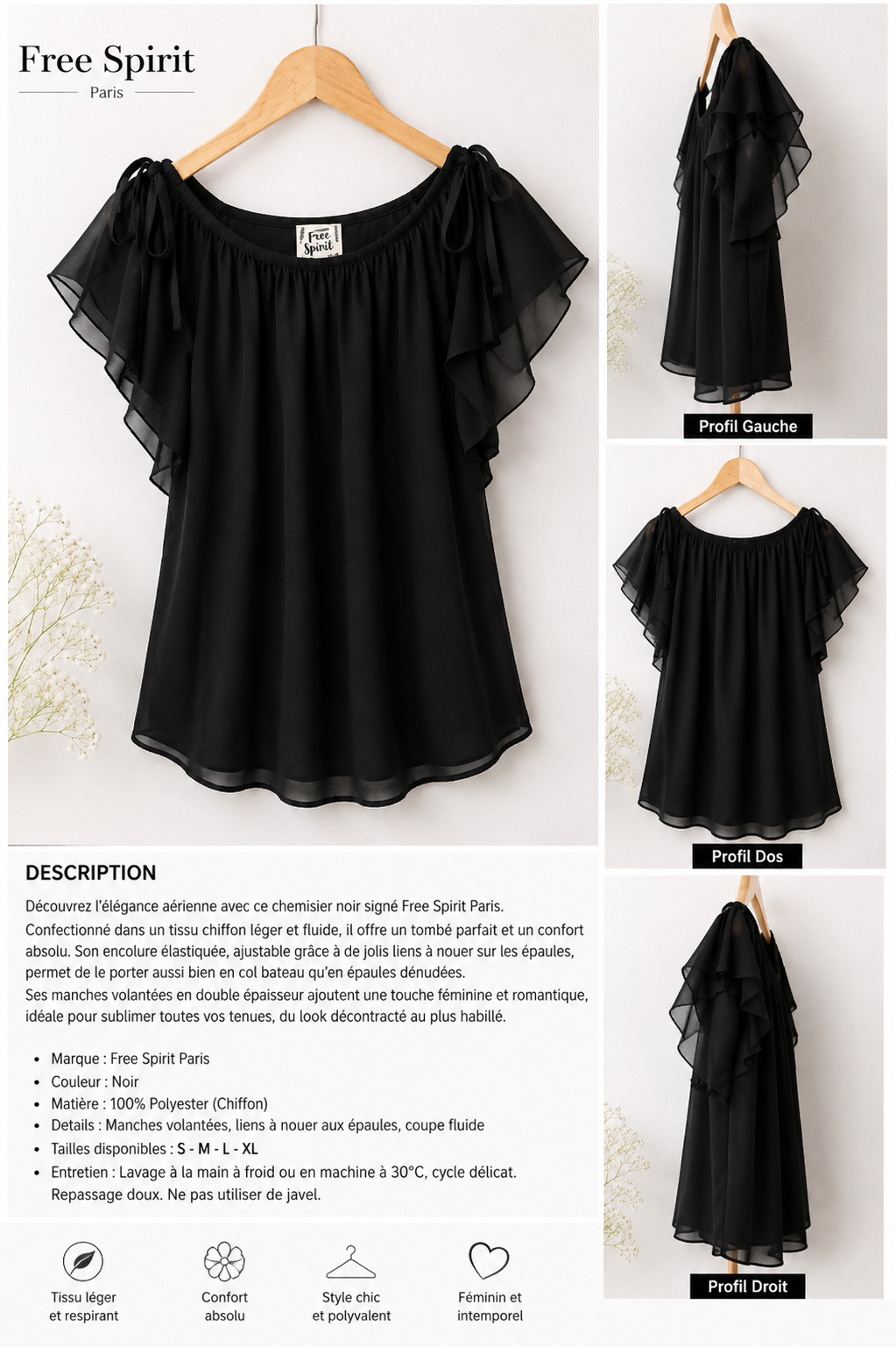 Chemise free spirit paris caba, Noir, taille M, Neuf sans étiquette — occasion à Messerghin (photo 3)