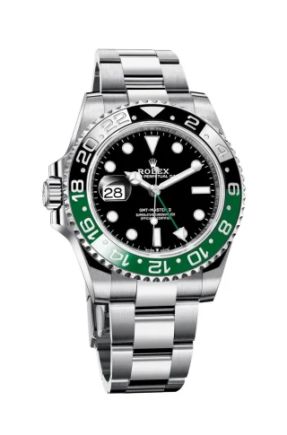 Rolex Oyster Perpetual GMT-Master II mit grün-schwarzer Lünette und Krone und Datum links