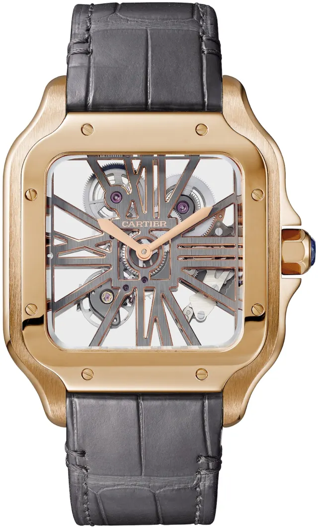 Cartier zeigt sein Knowhow beim Skelettieren mit der Santos de Cartier Skelettiert (Gelbgold, Handaufzugkaliber 9619MC, 61.000 Euro)