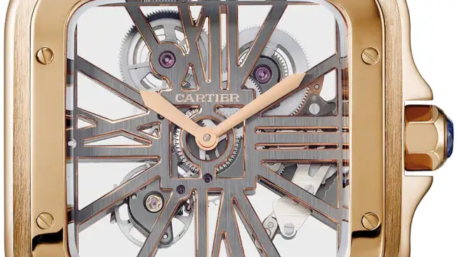 Cartier zeigt sein Knowhow beim Skelettieren mit der Santos de Cartier Skelettiert (Gelbgold, Handaufzugkaliber 9619MC, 61.000 Euro)