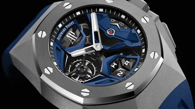 Die dreidimensional gestalteten Brücken der Audemars Piguet Royal Oak Concept Flying Tourbillon GMT bestehen aus blauem Titan