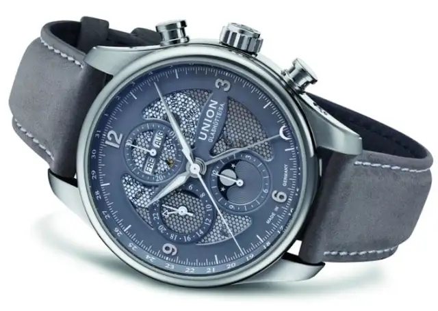 Union Glashütte: Belisar Chronograph Mondphase mit grau perforiertem Zifferblatt