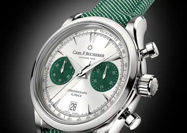 Carl F. Bucherer: Manero Flyback 40mm in Edelstahl mit silberfarbenem Zifferblatt und grünen Totalisatoren