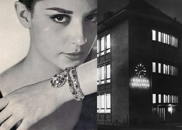 Universal Genève Anzeige für International Diamonds Award 1965 und Manufakturgebäude 1956