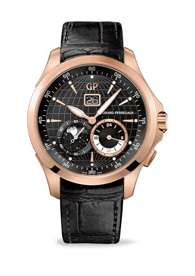 Die Roségold-Variante der Traveller Large Date, Moon Phases & GMT ist mit schwarzem und cremefarbenem Zifferblatt erhältlich
