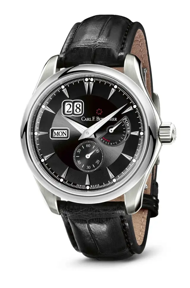 Carl F. Bucherer: Manero PowerReserve in Edelstahl mit Lederband und Zifferblatt in Schwarz Carl F. Bucherer: Manero PowerReserve in Edelstahl mit Lederband und Zifferblatt in Schwarz