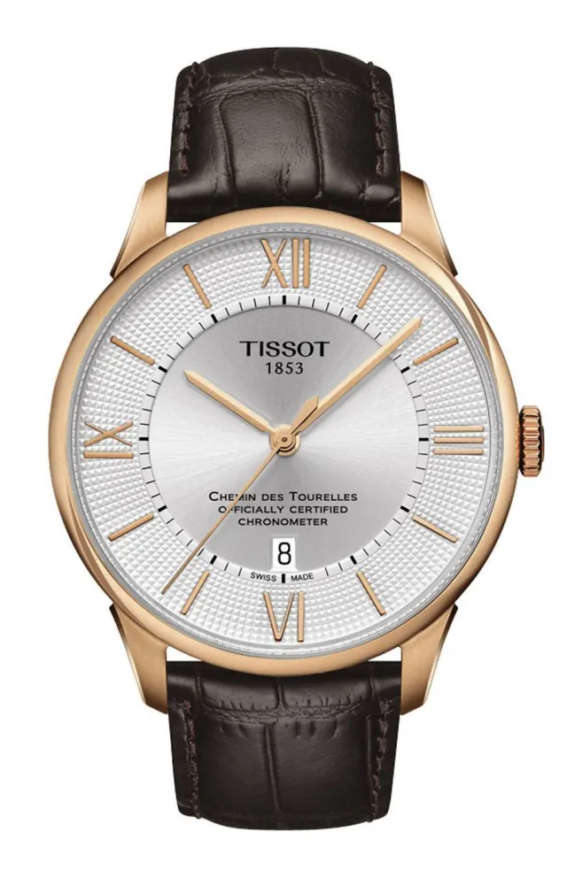 Tissot: Chemin des Tourelles Powermatic 80 Gent COSC, rosegoldfarbene PVD-Beschichtung, Lederband