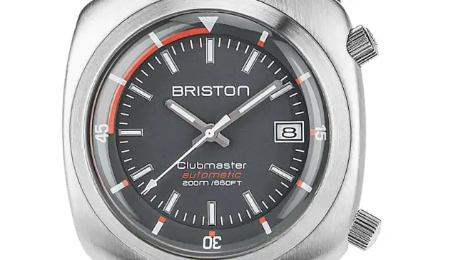 Briston: Clubmaster Diver in Edelstahl und mit grauem Kautschukband
