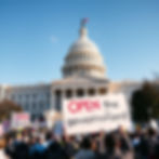 Us Capital building with crowds holding signs saying "Open the government"