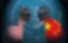 Silhouettes with US and China flags, circuits over heads, binary code backdrop, globe with code overlay, suggesting cyber confrontation.