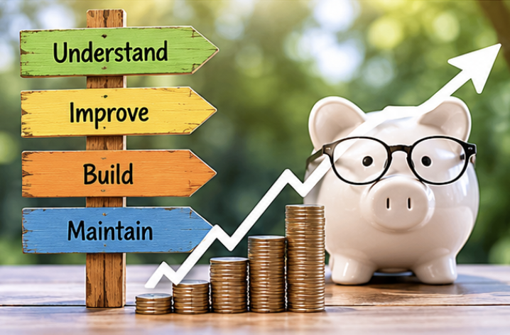 Credit repair process steps: Understand, Improve, Build, Maintain — piggy bank with coins and upward arrow