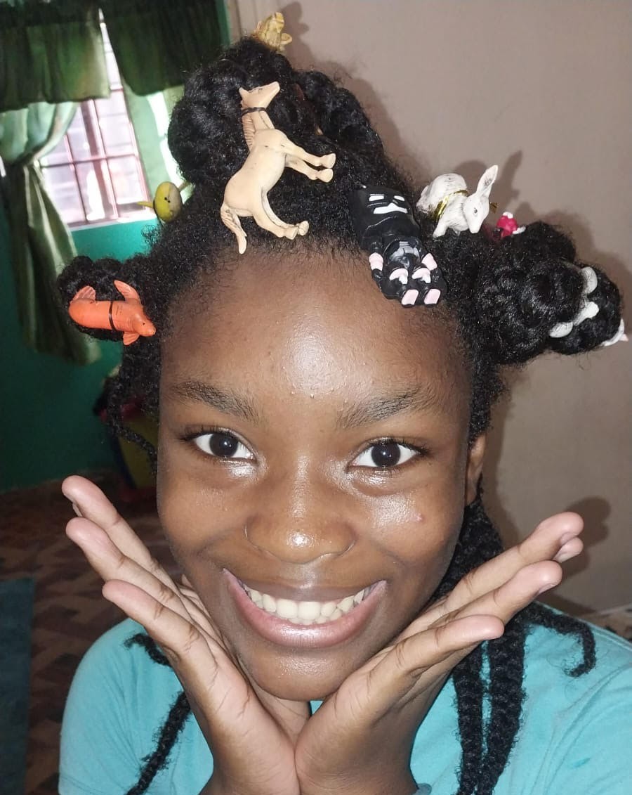 One of our students in her crazy hairstyle.