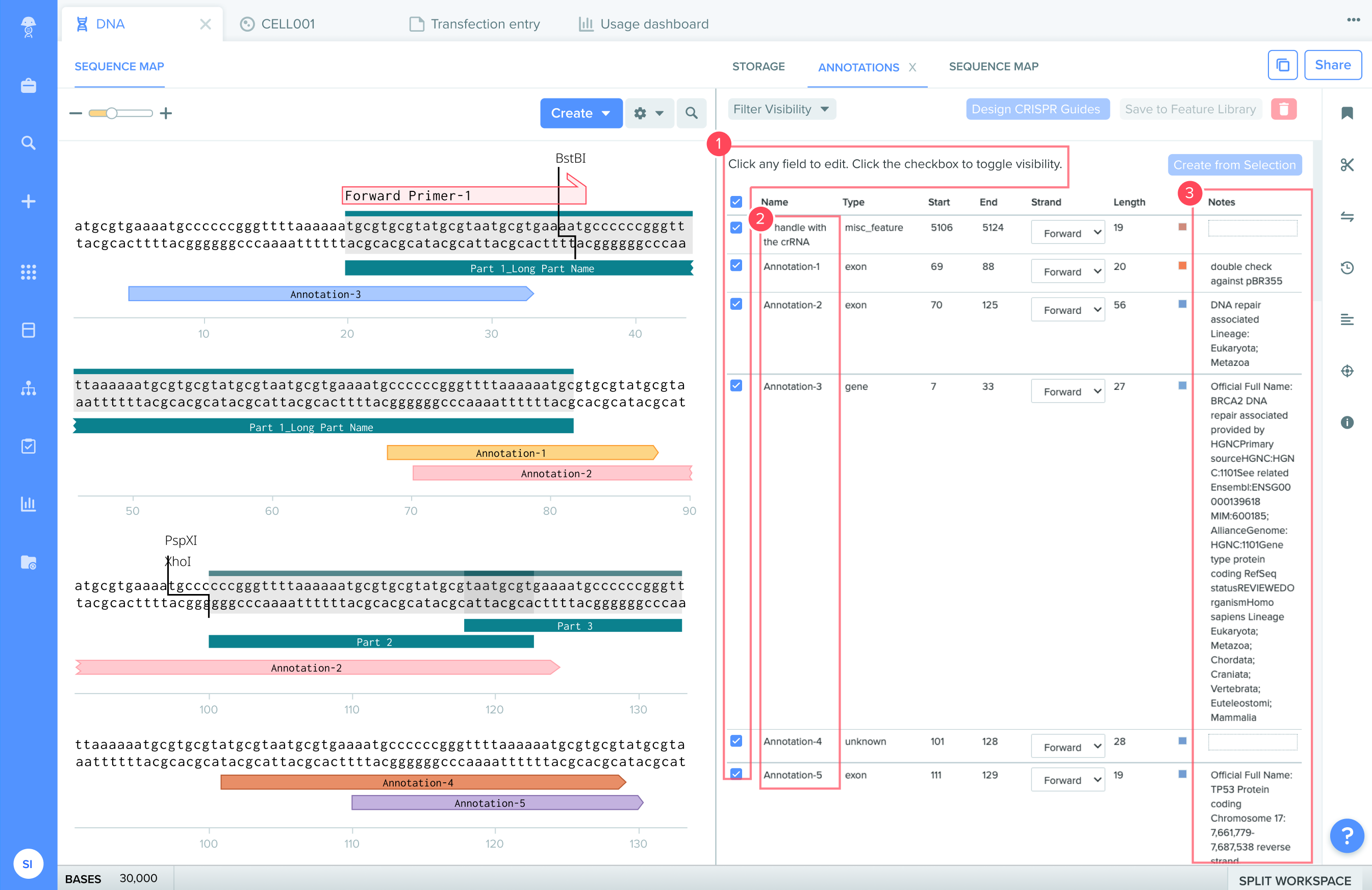 Screenshot of the Benchling product highlighting checkboxes, the name column, and the notes column