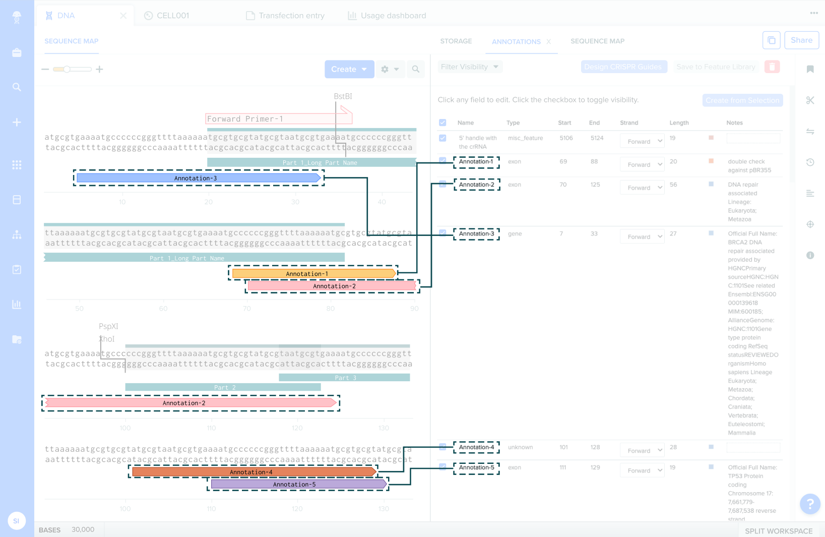 Screenshot of the Benchling split workspace with annotation labels on the left and the expanded annotations view on the right