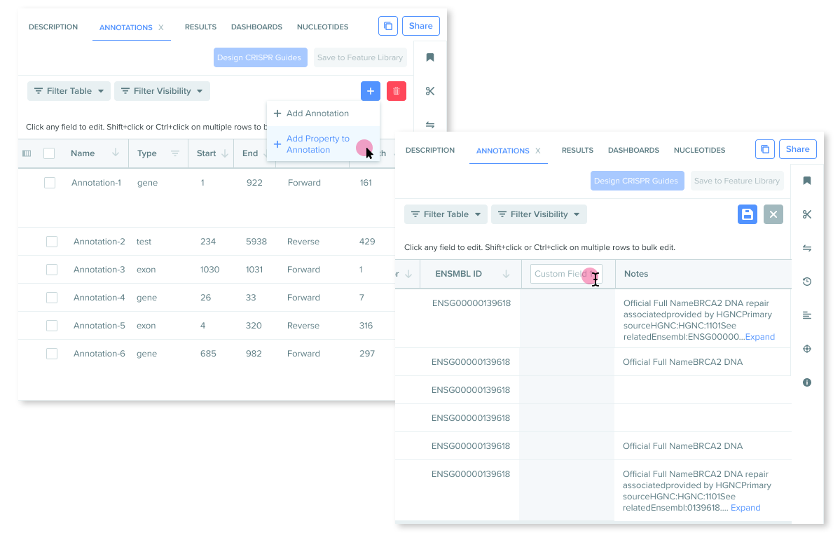 Two screens showing a flow for adding custom fields that allows users to edit in place